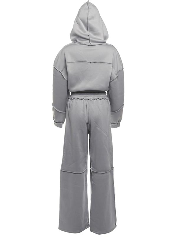Women's Solid Zip Up Hooded Sweatshirt & Pocket Elastic Waist Pants Two-piece Set, Casual Drop Shoulder Long Sleeve Top & Trousers for Fall & Winter, 2 Piece Sets Women, Women's Clothes for Daily Wear