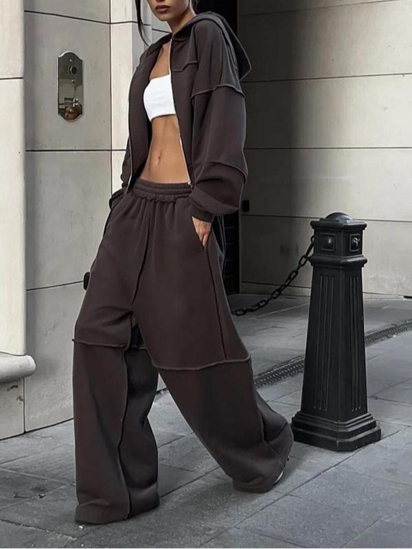 Women's Solid Zip Up Hooded Sweatshirt & Pocket Elastic Waist Pants Two-piece Set, Casual Drop Shoulder Long Sleeve Top & Trousers for Fall & Winter, 2 Piece Sets Women, Women's Clothes for Daily Wear