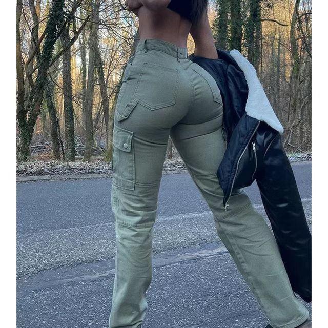 Hip trousers, high-waisted multi-pocket workwear, fashionable elastic trendy street trendy women's trousers
