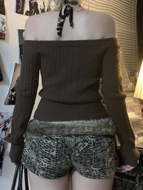 Women's Plain Cable Knit Halter Sweater, Casual Slim-fitting Long Sleeve Jumper for Fall & Winter, Ladies Knitwear for Daily Wear