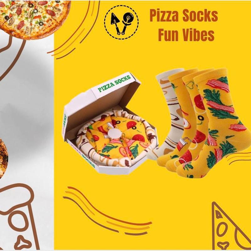 4-Pack Unisex Novelty Pizza Socks – Fun Gift Stocking Stuffer for Parties, Holidays, Birthdays, Halloween, and Christmas | soft mid-calf cotton socks