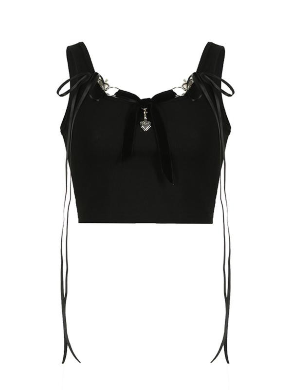 Women's Chain & Heart Charm Decor Crop Tank Top, Punk Fashion Bow Front Scoop Neck Sleeveless Top for Daily Outdoor Wear, Ladies Clothes for Summer