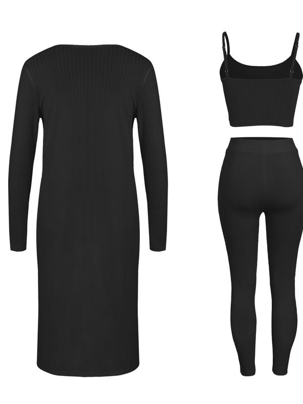 Three-piece Set Women's Solid Crop Cami Top & Pants & Long Cardigan, Casual Fashion Cozy Three Piece Outfits for Daily Outdoor Wear, Women Clothes for Spring & Fall, Fall Clothes 2024, Outfit Sets for Women
