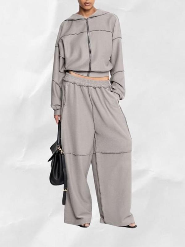 Women's Solid Zip Up Hooded Sweatshirt & Pocket Elastic Waist Pants Two-piece Set, Casual Drop Shoulder Long Sleeve Top & Trousers for Fall & Winter, 2 Piece Sets Women, Women's Clothes for Daily Wear