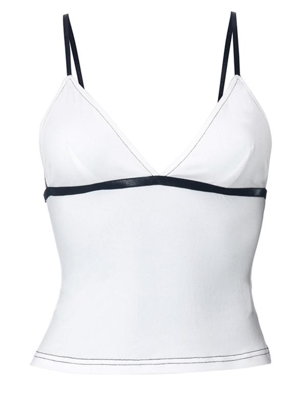 Women's Contrast Binding Adjustable Spaghetti Strap Crop Cami Top, Basic Mufti Clothes, Backless Cropped Top for Summer, Ladies Clothes, Going Out Tops, Crop Tops, Summer Outfits 2024, 90s Clothes, Office Siren Outfit