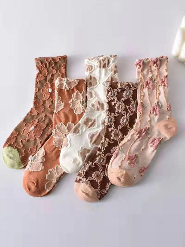 Women's 5 Pairs Floral Embossed Crew Socks, Fashionable Casual Cozy Breathable Socks for Daily Wear, Women Socks for All Seasons