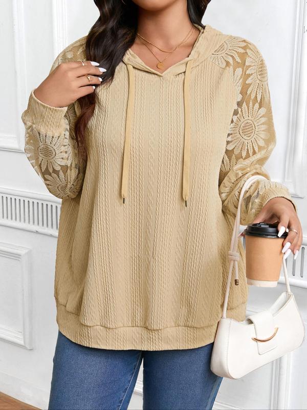  Plain Floral Lace Textured Drawstring Hoodie, Fall Sweatshirts, Casual Raglan Sleeve Hooded Sweatshirt for Spring & Fall, Women's Clothing for Daily Wear Essential Hoodies