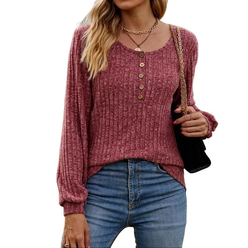 Women Fall Winter Casual Round Neck Long Sleeve Button Brushed Pullover