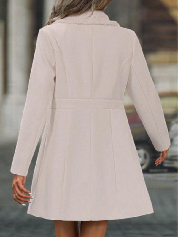 Women's Solid Double Button Pocket Woolen Coat, Elegant Long Sleeve Lapel Neck Outerwear for Fall & Winter, Women's Clothing for Daily Wear