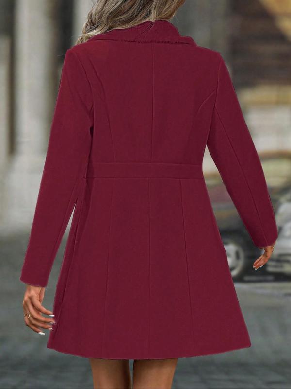 Women's Solid Double Button Pocket Woolen Coat, Elegant Long Sleeve Lapel Neck Outerwear for Fall & Winter, Women's Clothing for Daily Wear