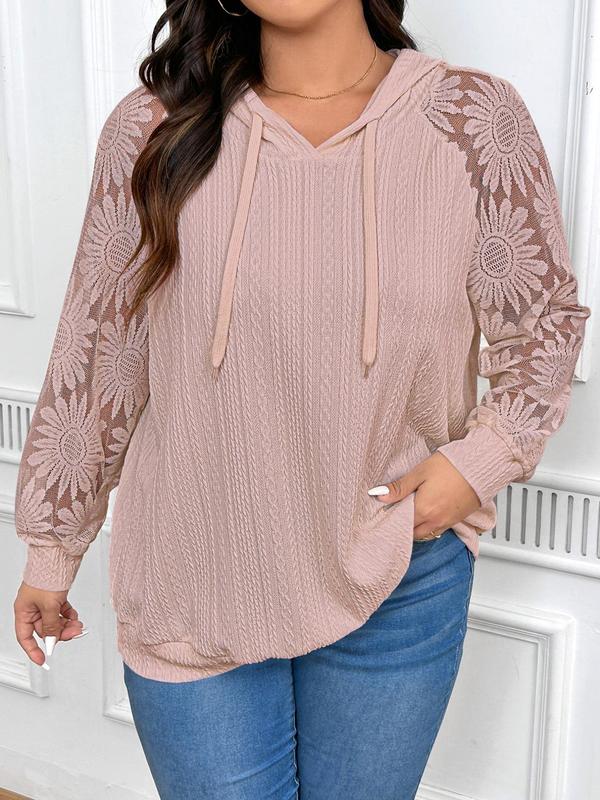  Plain Floral Lace Textured Drawstring Hoodie, Fall Sweatshirts, Casual Raglan Sleeve Hooded Sweatshirt for Spring & Fall, Women's Clothing for Daily Wear Essential Hoodies