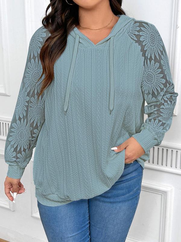  Plain Floral Lace Textured Drawstring Hoodie, Fall Sweatshirts, Casual Raglan Sleeve Hooded Sweatshirt for Spring & Fall, Women's Clothing for Daily Wear Essential Hoodies