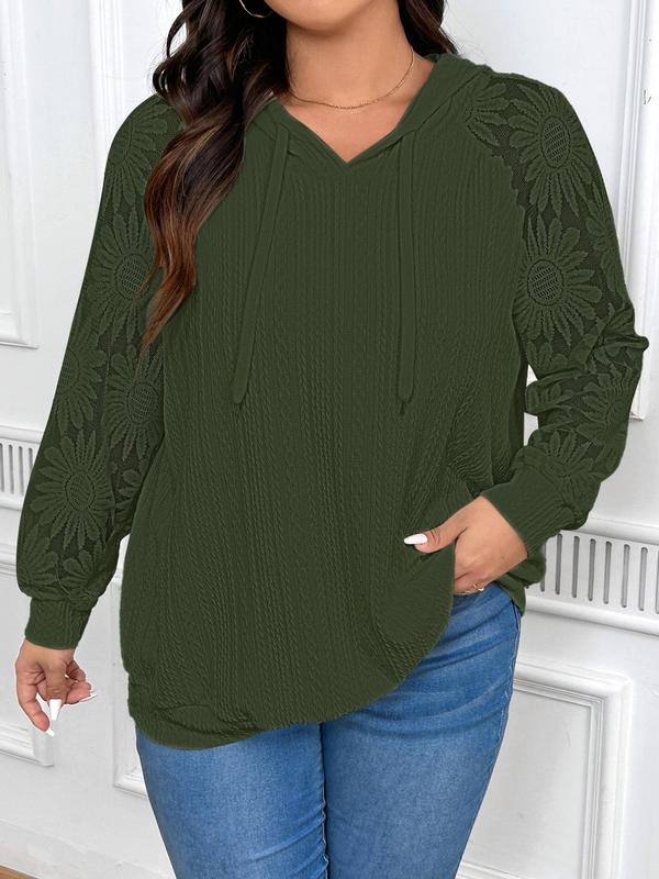  Plain Floral Lace Textured Drawstring Hoodie, Fall Sweatshirts, Casual Raglan Sleeve Hooded Sweatshirt for Spring & Fall, Women's Clothing for Daily Wear Essential Hoodies