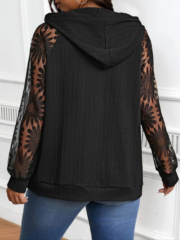  Plain Floral Lace Textured Drawstring Hoodie, Fall Sweatshirts, Casual Raglan Sleeve Hooded Sweatshirt for Spring & Fall, Women's Clothing for Daily Wear Essential Hoodies