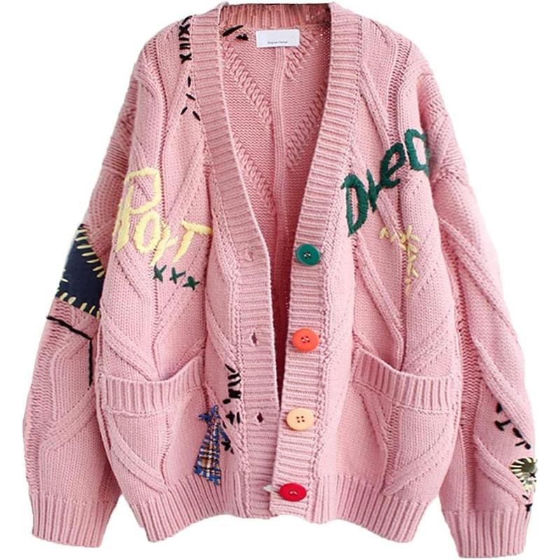 utcoco Womens Open Front Cardigan Cable Knit Long Sleeve Button Down Embroidery Cardigan Sweaters