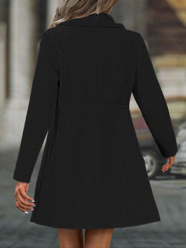 Women's Solid Double Button Pocket Woolen Coat, Elegant Long Sleeve Lapel Neck Outerwear for Fall & Winter, Women's Clothing for Daily Wear