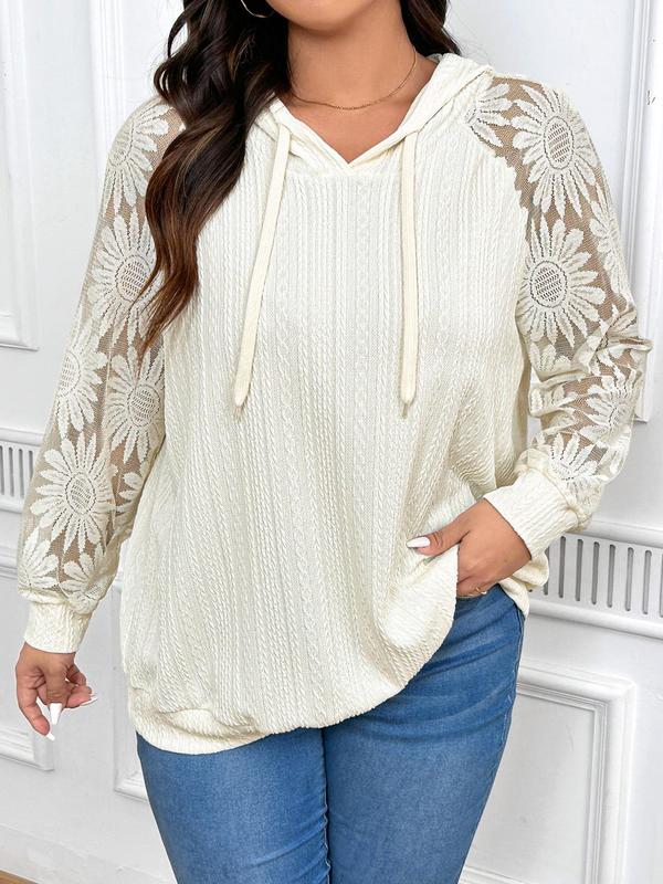  Plain Floral Lace Textured Drawstring Hoodie, Fall Sweatshirts, Casual Raglan Sleeve Hooded Sweatshirt for Spring & Fall, Women's Clothing for Daily Wear Essential Hoodies