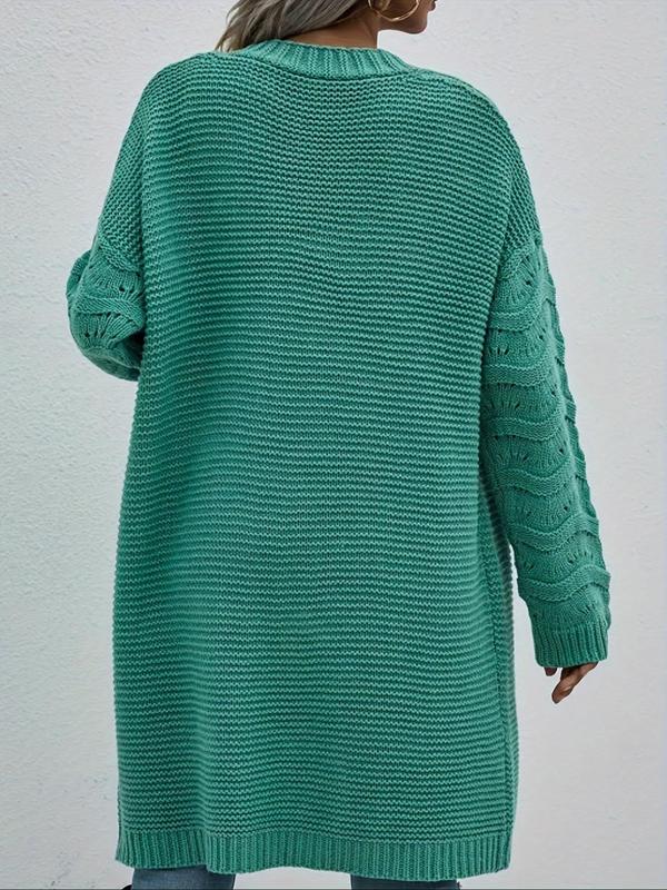  Solid Drop Shoulder Long Sleeve Cardigan, Casual Open Front Knitwear for Fall & Winter, Women's Clothing for Daily Wear