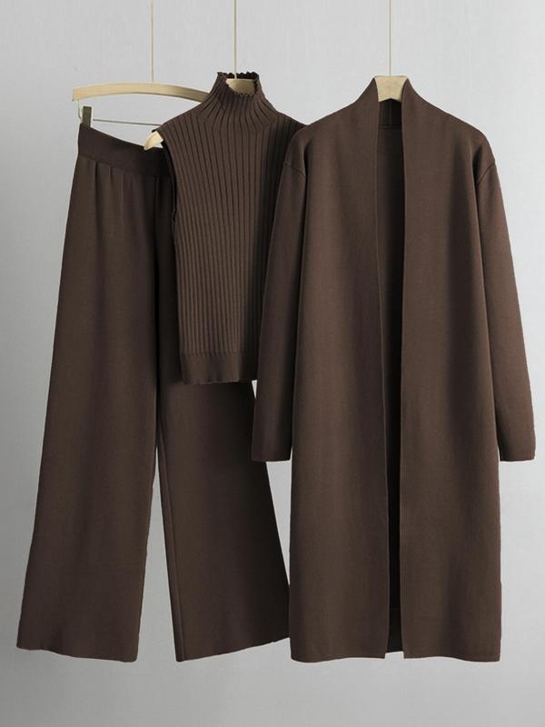 Three-piece Set Women's Solid Turtle Neck Tank Top & Wide Leg Pants & Open Front Long Cardigan Clothing Sets , Casual Fashion Cozy Three-piece Fashion Outfits for Daily Outdoor Wear, Women  Casual Wear  for Fall & Winter