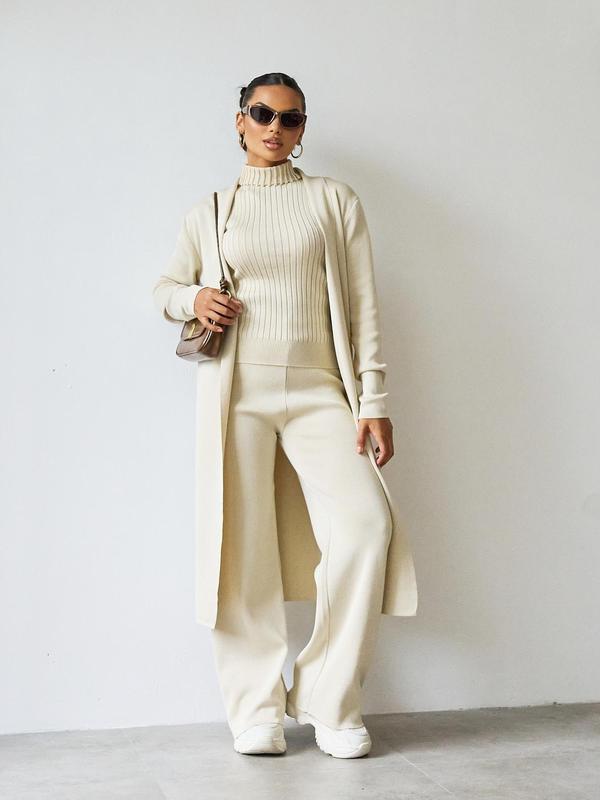 Three-piece Set Women's Solid Turtle Neck Tank Top & Wide Leg Pants & Open Front Long Cardigan Clothing Sets , Casual Fashion Cozy Three-piece Fashion Outfits for Daily Outdoor Wear, Women  Casual Wear  for Fall & Winter
