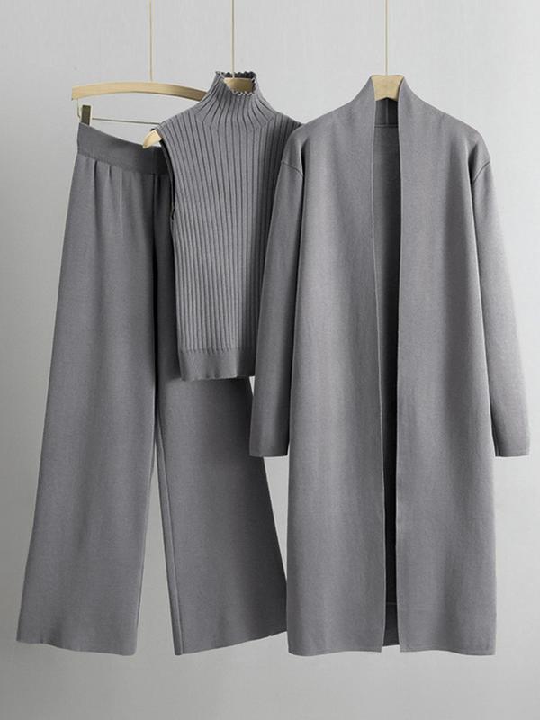 Three-piece Set Women's Solid Turtle Neck Tank Top & Wide Leg Pants & Open Front Long Cardigan Clothing Sets , Casual Fashion Cozy Three-piece Fashion Outfits for Daily Outdoor Wear, Women  Casual Wear  for Fall & Winter
