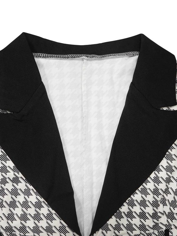 Women's Houndstooth Print Lapel Neck Zipper Blazer & Pants Two-piece Set, Casual Long Sleeve Pocket Outerwear & Trousers for Work Office Business, Ladies Fall & Winter Clothes