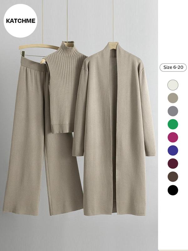 Three-piece Set Women's Solid Turtle Neck Tank Top & Wide Leg Pants & Open Front Long Cardigan Clothing Sets , Casual Fashion Cozy Three-piece Fashion Outfits for Daily Outdoor Wear, Women  Casual Wear  for Fall & Winter