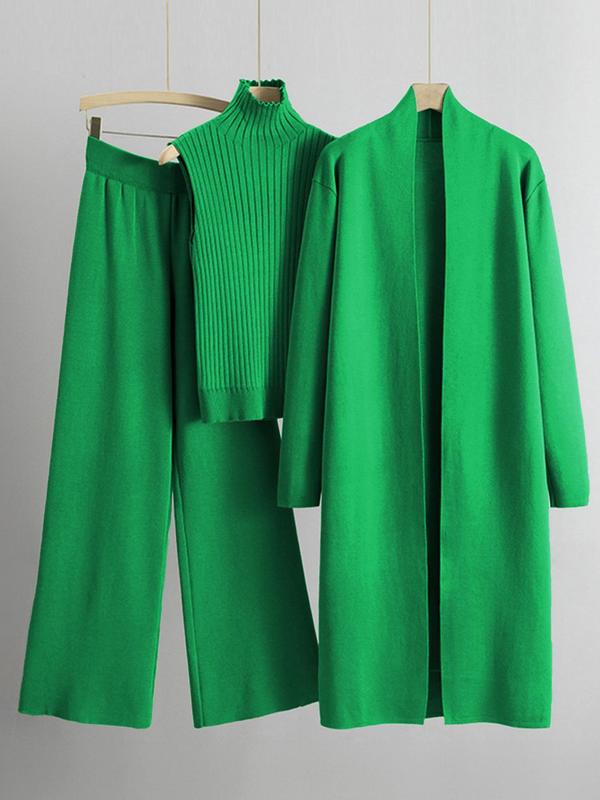 Three-piece Set Women's Solid Turtle Neck Tank Top & Wide Leg Pants & Open Front Long Cardigan Clothing Sets , Casual Fashion Cozy Three-piece Fashion Outfits for Daily Outdoor Wear, Women  Casual Wear  for Fall & Winter