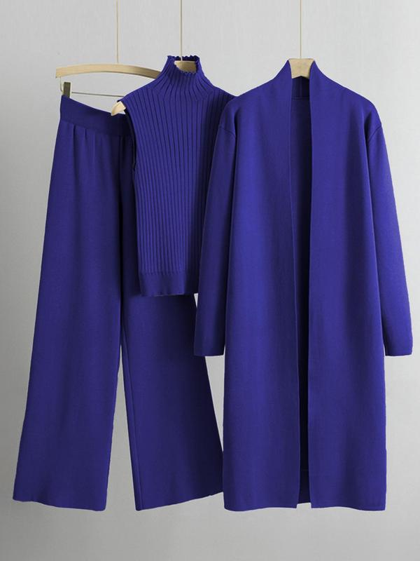 Three-piece Set Women's Solid Turtle Neck Tank Top & Wide Leg Pants & Open Front Long Cardigan Clothing Sets , Casual Fashion Cozy Three-piece Fashion Outfits for Daily Outdoor Wear, Women  Casual Wear  for Fall & Winter