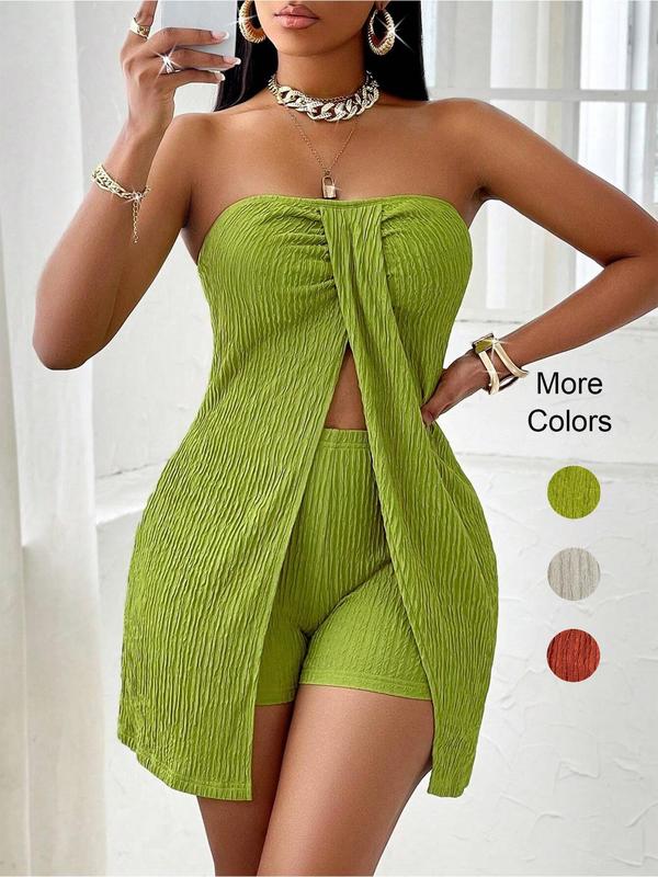 Women's Plain Ruched Split Hem Plicated Tube Top & Elastic Waist Shorts Two-Piece Set, Casual Fashion Cozy Two Piece Outfits for Daily Outdoor Wear, Ladies Summer Clothes