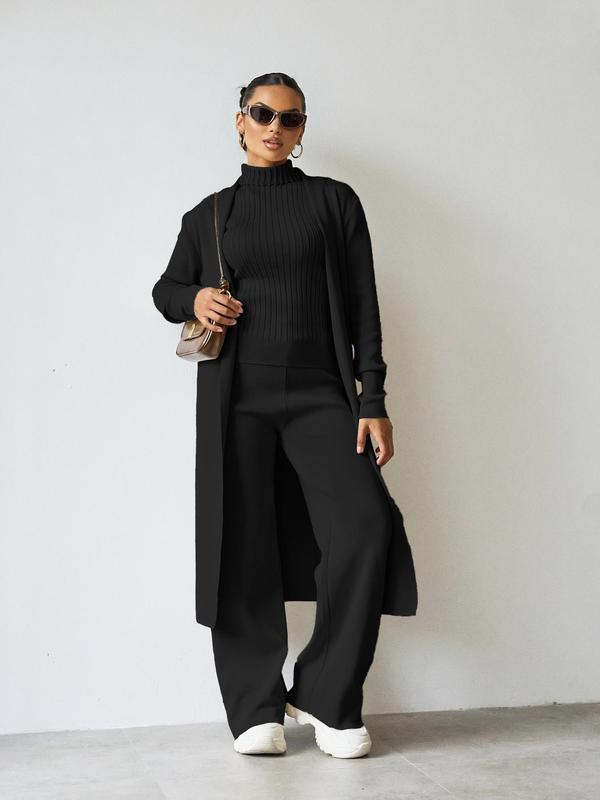 Three-piece Set Women's Solid Turtle Neck Tank Top & Wide Leg Pants & Open Front Long Cardigan Clothing Sets , Casual Fashion Cozy Three-piece Fashion Outfits for Daily Outdoor Wear, Women  Casual Wear  for Fall & Winter