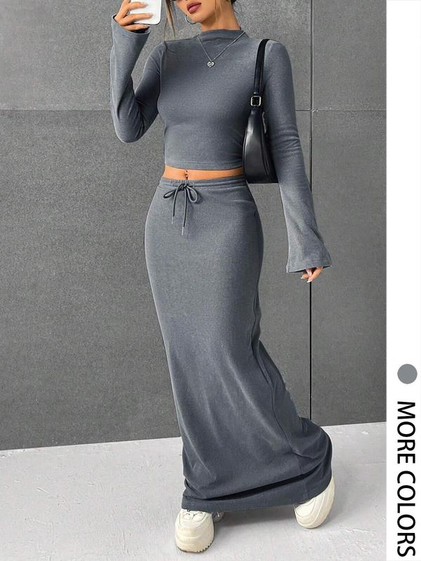 Women's Solid Flounce Sleeve Crop Tee & Drawstring Waist Skirt Two-piece Set, 2 Piece Sets Women, Fall Outfits, Casual Fashion Cozy Mock Neck Top & Maxi Skirt, Two Piece Skirt Set, Women's Clothing, Fall Going Out Outifits, Fall Wedding Guest Dress