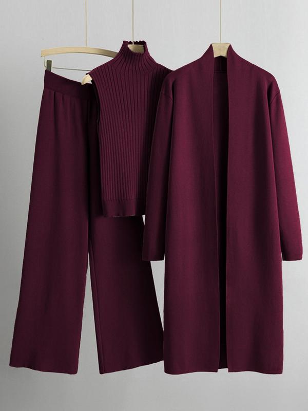 Three-piece Set Women's Solid Turtle Neck Tank Top & Wide Leg Pants & Open Front Long Cardigan Clothing Sets , Casual Fashion Cozy Three-piece Fashion Outfits for Daily Outdoor Wear, Women  Casual Wear  for Fall & Winter