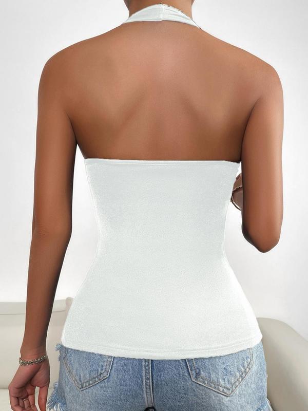 Women's Solid Zip Front Backless Halter Top, Street Fashion Sleeveless Tank Top, Ladies Summer Clothes for Daily Outdoor Wear