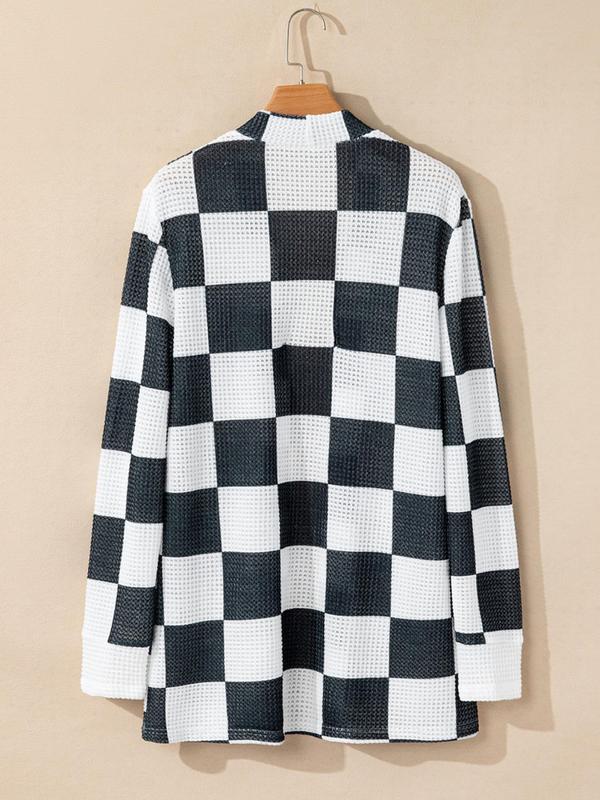 Women's Plaid Print Pocket Cardigan, Casual Long Sleeve Open Front Knitwear for Fall & Winter, Women's Knit Clothing for Daily Wear