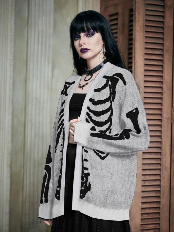 Women's Skeleton Print Drop Shoulder Cardigan, Casual Halloween Long Sleeve Open Front Knitwear for Fall, Women's Clothing for Daily Wear