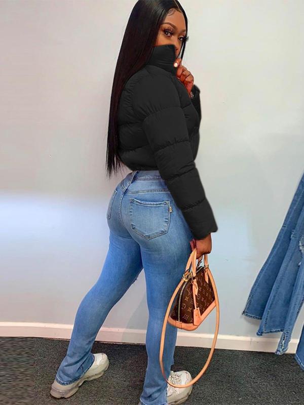 Women's Plain Pocket Full Cropped Winter Coat, Warm Comfy Jackets, Long Sleeve Zipper Puffer Coat for Fall & Winter, for Daily Streetwear, Jackets for Women, Winter Clothes Women, Please Purchase A Size Up, Winter Clothes Women 2024