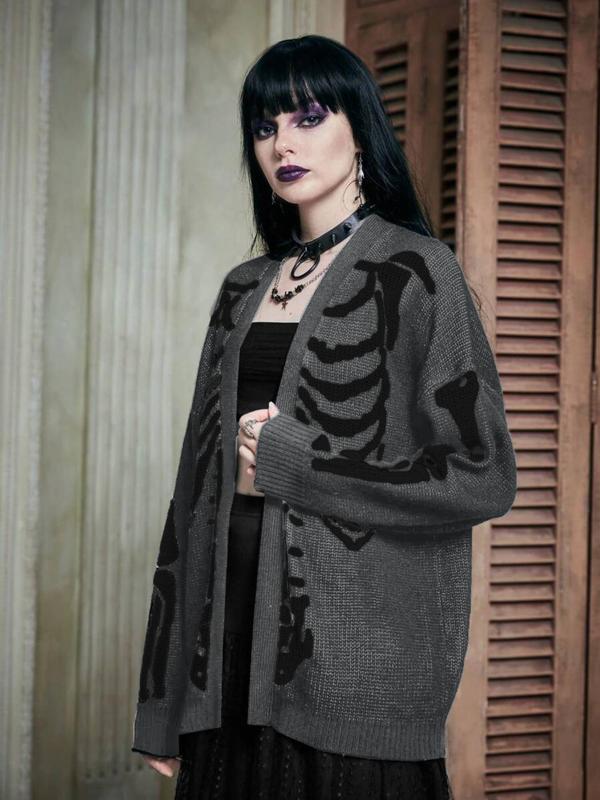 Women's Skeleton Print Drop Shoulder Cardigan, Casual Halloween Long Sleeve Open Front Knitwear for Fall, Women's Clothing for Daily Wear