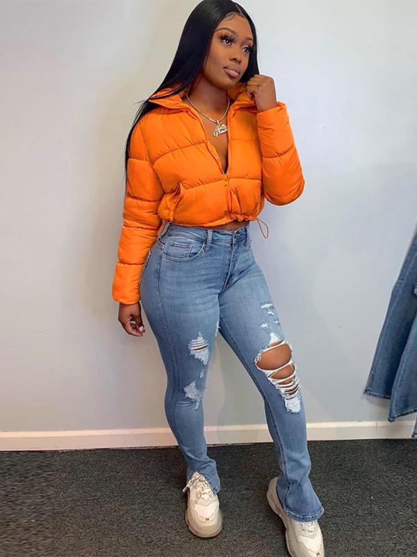 Women's Plain Pocket Full Cropped Winter Coat, Warm Comfy Jackets, Long Sleeve Zipper Puffer Coat for Fall & Winter, for Daily Streetwear, Jackets for Women, Winter Clothes Women, Please Purchase A Size Up, Winter Clothes Women 2024