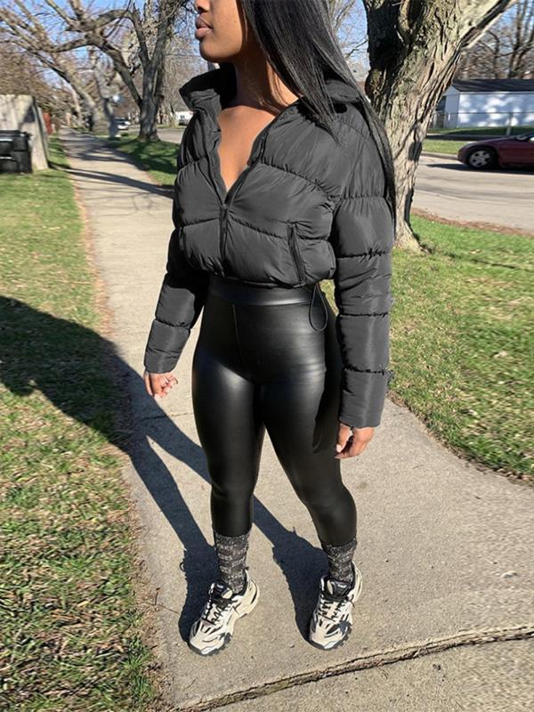 Women's Plain Pocket Full Cropped Winter Coat, Warm Comfy Jackets, Long Sleeve Zipper Puffer Coat for Fall & Winter, for Daily Streetwear, Jackets for Women, Winter Clothes Women, Please Purchase A Size Up, Winter Clothes Women 2024