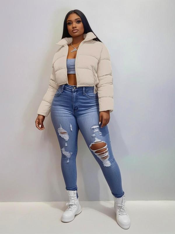 Women's Plain Pocket Full Cropped Winter Coat, Warm Comfy Jackets, Long Sleeve Zipper Puffer Coat for Fall & Winter, for Daily Streetwear, Jackets for Women, Winter Clothes Women, Please Purchase A Size Up, Winter Clothes Women 2024
