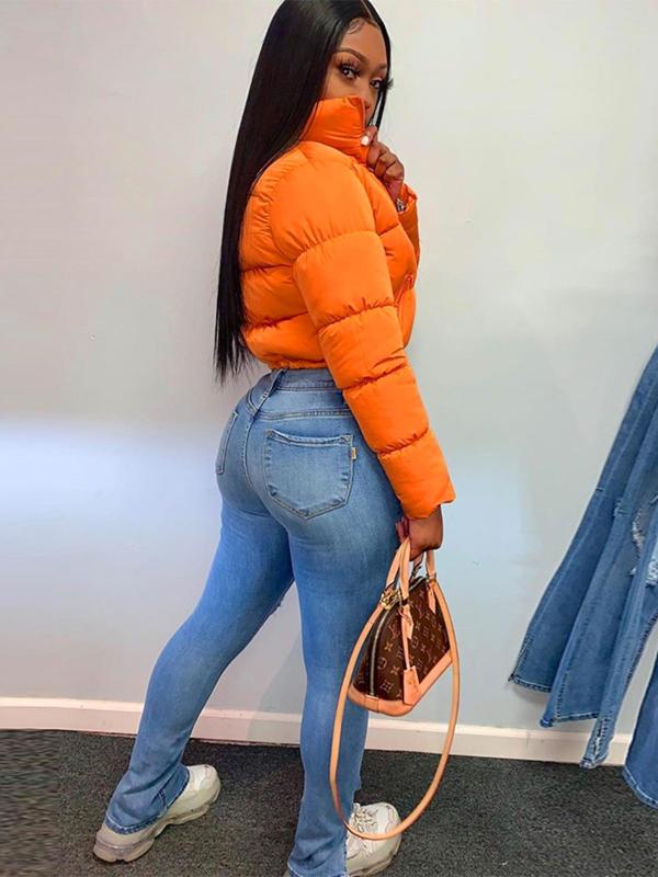 Women's Plain Pocket Full Cropped Winter Coat, Warm Comfy Jackets, Long Sleeve Zipper Puffer Coat for Fall & Winter, for Daily Streetwear, Jackets for Women, Winter Clothes Women, Please Purchase A Size Up, Winter Clothes Women 2024