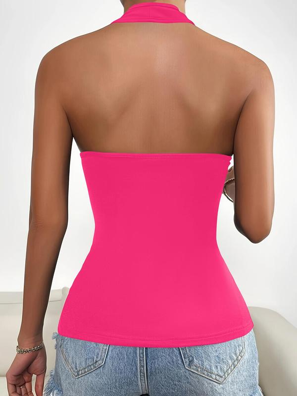 Women's Solid Zip Front Backless Halter Top, Street Fashion Sleeveless Tank Top, Ladies Summer Clothes for Daily Outdoor Wear
