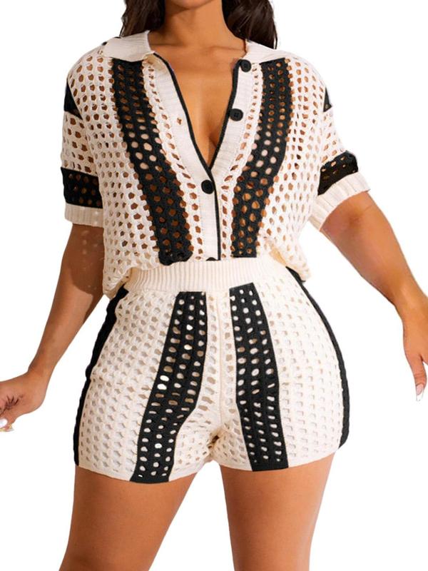 Women's Sexy See-through Hollow Out Button Front Top & High Waist Shorts Set without Cami Top, Co Ord Set Summer, Casual Colorblock Striped Print Short Sleeve Collared Button Up Top & Shorts, Two Piece Set, Outfits for Beach Vacation