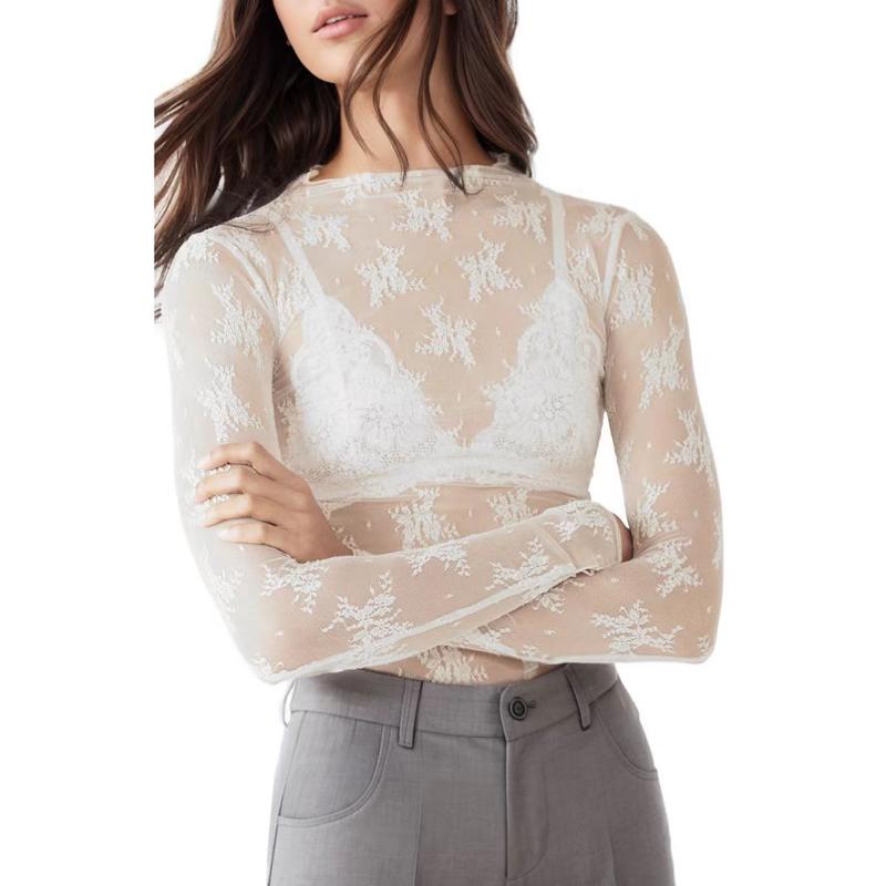 LOMON Womens Mesh Top Long Sheer Lace Top Cap Sleeve Embroidery Sheer Blouse Sexy See Through Shirt Lace Tops S-XL