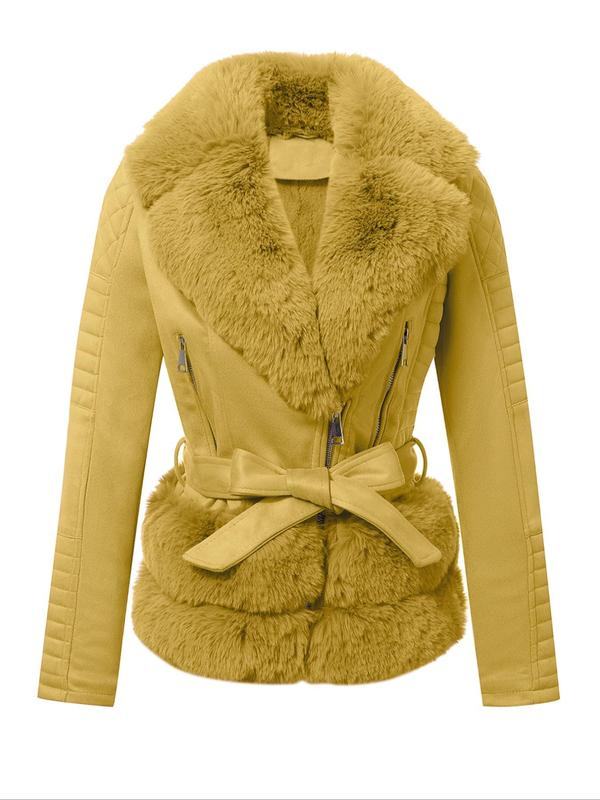Women's Solid Belted Contrast Faux Fur Coat, Casual Long Sleeve Zip Up Outerwear for Fall & Winter,  Winter Clothes Women, Ladies Clothes for Daily Wear