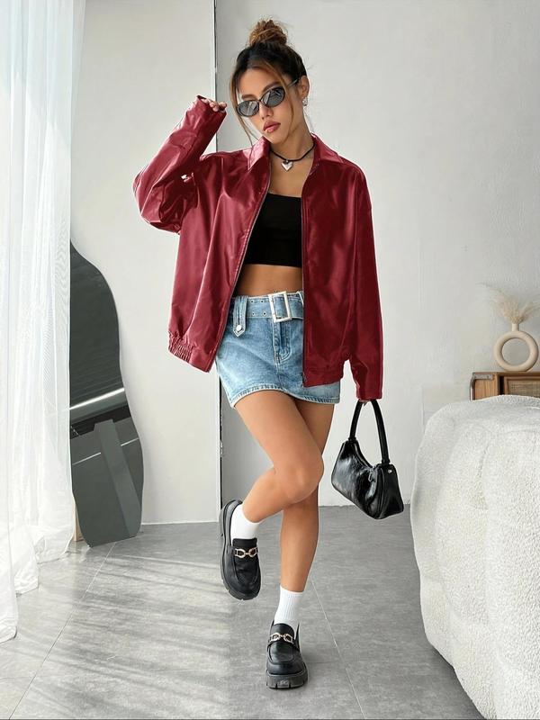 Women's Solid Color PU Leather Jacket, Casual Drop Shoulder Long Sleeve Zip Up Outerwear for Fall & Winter, Ladies Clothes for Daily Wear