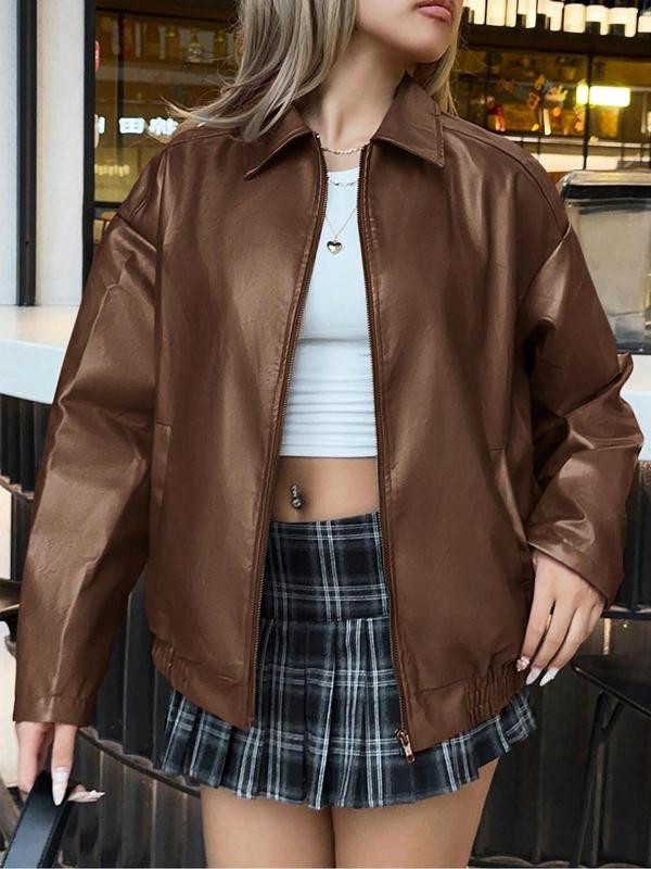 Women's Solid Color PU Leather Jacket, Casual Drop Shoulder Long Sleeve Zip Up Outerwear for Fall & Winter, Ladies Clothes for Daily Wear
