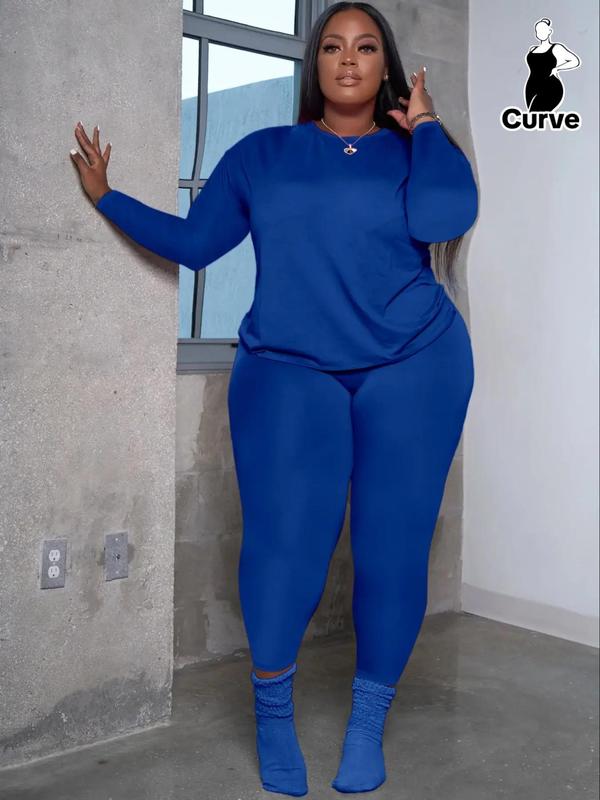 two-piece Set Solid Long Sleeve Tee & Skinny Pants Two-piece Set, Fall Outfits, Casual Round Neck Top & Trousers for Daily Outdoor Wear, Women's Downtown Girl Clothes, Downtown Girl Clothes Apple Shape Outfits