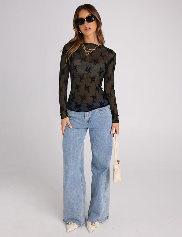 LOMON Womens Mesh Top Long Sheer Lace Top Cap Sleeve Embroidery Sheer Blouse Sexy See Through Shirt Lace Tops S-XL
